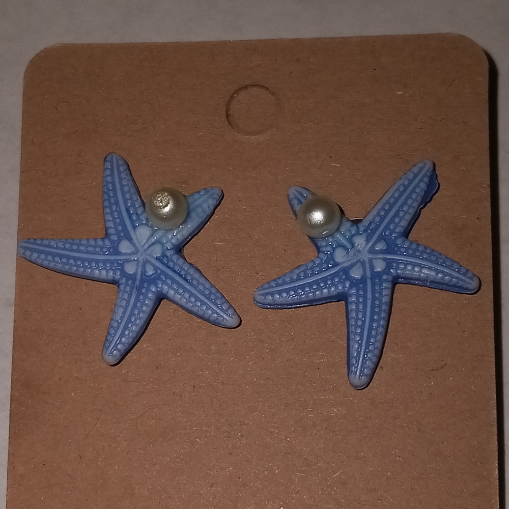 Hand crafted Freshwater pearl blue starfish stud post back statement earrings